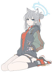Rule 34 | 1girl, alternate costume, animal ear fluff, animal ears, belt, black jacket, blue archive, blue halo, blush, breasts, bright pupils, china dress, chinese clothes, closed mouth, dress, extra ears, grey hair, halo, hands in pockets, highres, jacket, long sleeves, looking at viewer, medium breasts, red footwear, reijo (blue archive), shiroko (blue archive), shoes, simple background, sitting, sneakers, solo, t1kosewad, thigh belt, thigh strap, thighs, white background, white pupils, wolf ears