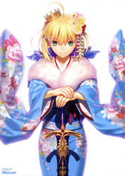 Rule 34 | 1girl, absurdres, artoria pendragon (all), artoria pendragon (fate), avalon (fate/stay night), blonde hair, caliburn (fate), copyright name, cowboy shot, crown, fate/stay night, fate (series), green eyes, highres, japanese clothes, official alternate costume, own hands together, saber (fate), saber (first sunrise) (fate), simple background, solo, standing, sword, takeuchi takashi, v-shaped eyebrows, weapon, white background