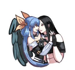 Rule 34 | black hair, blue hair, breasts, choker, dizzy (guilty gear), fingerless gloves, gloves, guilty gear, guilty gear xx, hair ornament, happy, highres, imminent kiss, interlocked fingers, long sleeves, looking at another, moontears, red hair, ribbon, smile, testament (guilty gear), twintails, wings