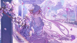 Rule 34 | 1girl, book, cherry, cherry hat ornament, commentary, falling petals, feet out of frame, food, fruit, glasses, hat, hatsune miku, highres, hitokoto, holding, holding book, long hair, long sleeves, looking at viewer, open book, outdoors, parted lips, petals, pink hair, pink nails, pink skirt, round eyewear, sakura miku, sakura miku (rella), sitting, skirt, solo, tree, very long hair, vocaloid, white hat