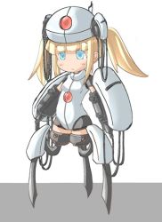 Rule 34 | 1girl, amputee, armor, blonde hair, blue eyes, crab man, female focus, full body, helmet, long hair, personification, portal (series), portal 1, solo, turret, sentry turret (portal), twintails, valve, white background