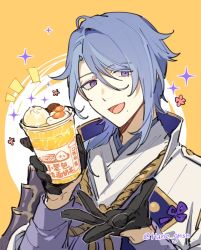 Rule 34 | 1boy, akabane yu, armor, black gloves, blue hair, cup, food, genshin impact, gloves, hair between eyes, highres, holding, holding cup, holding food, japanese armor, japanese clothes, kamisato ayato, long sleeves, male focus, mole, mole under mouth, open mouth, purple eyes, simple background, solo, sparkle, twitter username, two-tone background, upper body