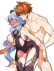 Rule 34 | 1boy, 1girl, bell, blue eyes, blue hair, blush, bodysuit, breasts, clothed female nude male, earrings, female pubic hair, ganyu (genshin impact), genshin impact, goat horns, grabbing, grabbing another&#039;s breast, happy sex, hetero, holding hands, horns, jewelry, kukumomo, lactation, large breasts, long hair, naughty face, neck bell, nipple stimulation, nipple tweak, nipples, nose blush, nude, open mouth, orange hair, parted lips, pectorals, pink eyes, pubic hair, saliva, sex, short hair, simple background, smile, tartaglia (genshin impact), torn bodysuit, torn clothes, wavy hair, white background