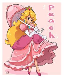 Rule 34 | 1girl, artist request, black eyes, blonde hair, blue gemstone, border, brooch, character name, chest jewel, crown, dress, earrings, elbow gloves, eyelashes, frilled dress, frills, full body, gem, gloves, gold headwear, high heels, holding, holding umbrella, jewelry, lace-trimmed umbrella, lipstick, long dress, long hair, looking at viewer, makeup, mario (series), mini crown, nintendo, parasol, parted lips, pink background, pink dress, pink footwear, pink lips, pink sleeves, pink umbrella, princess peach, puffy short sleeves, puffy sleeves, shadow, short sleeves, simple background, skirt hold, solo, sparkle, sphere earrings, super mario bros. 1, super smash bros., third-party source, umbrella, very long hair, white border, white gloves