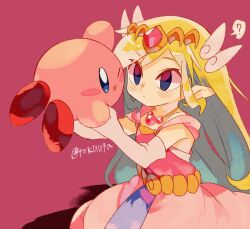 Rule 34 | 1girl, ;d, ?, artist name, belt, blonde hair, blue eyes, blush, blush stickers, closed mouth, commentary request, dress, elbow gloves, expressionless, gem, gloves, hair ornament, hands up, highres, holding, jewelry, kirby, kirby (series), long hair, looking at another, necklace, nintendo, one eye closed, open mouth, pink dress, pink gemstone, pointy ears, princess zelda, purple background, purple eyes, sidelocks, simple background, sleeveless, sleeveless dress, smile, speech bubble, spoken question mark, swept bangs, the legend of zelda, the legend of zelda: the wind waker, tiara, tokuura, toon zelda, twitter username, white gloves