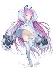 Rule 34 | 1girl, animal ears, arms up, azur lane, bear paws, blue eyes, bluesnail, blunt bangs, boots, chain, coat, fake animal ears, full body, fur-trimmed coat, fur trim, highres, long hair, looking at viewer, navel, open mouth, overcoat, panties, pantyshot, pom pom (clothes), purple hair, sidelocks, simple background, sleeves past wrists, smile, solo, standing, standing on one leg, stomach, tashkent (azur lane), thigh boots, thighhighs, underwear, very long hair, very long sleeves, white background, white coat, white footwear, white panties