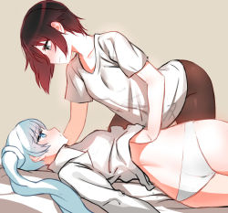 Rule 34 | 2girls, absurdres, ass, bad deviantart id, bad id, blue eyes, blush, cowboy shot, eye contact, eyes visible through hair, grey background, grey eyes, hand under clothes, hand under shirt, highres, looking at another, multicolored hair, multiple girls, ndgd, no pants, panties, pantyhose, ruby rose, rwby, shirt, side ponytail, simple background, underwear, weiss schnee, white hair, white panties, yuri
