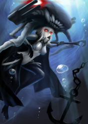 Rule 34 | 10s, 1girl, abyssal ship, anchor, black gloves, bodysuit, breasts, bubble, cane, cape, colored skin, covered navel, covered erect nipples, full body, gloves, glowing, glowing eyes, headgear, kantai collection, looking at viewer, medium breasts, monster, neonil, pale skin, red eyes, sidelocks, silver hair, solo, teeth, tentacles, turret, underwater, white skin, wo-class aircraft carrier