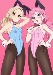 Rule 34 | 2girls, animal ears, black bow, black bowtie, blonde hair, blue eyes, blue leotard, blush, bow, bowtie, breasts, brown eyes, brown legwear, closed mouth, copyright request, detached collar, embarrassed, fake animal ears, from below, hand on own hip, hand on own chest, highres, leotard, long hair, looking at viewer, low twintails, mini bowtie, multicolored hair, multiple girls, open mouth, osame, pantyhose, pink background, pink hair, pink leotard, playboy bunny, rabbit ears, side-tie leotard, simple background, small breasts, standing, streaked hair, twintails, wing collar