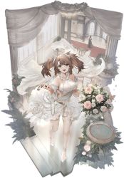 Rule 34 | 1girl, azur lane, blush, bouquet, breasts, brown hair, detached sleeves, dress, flower, frills, green eyes, highres, large breasts, long hair, looking at viewer, mkiiiiii, official alternate costume, official art, open mouth, solo, thighhighs, transparent background, twintails, wedding dress, white dress, york (azur lane), york (oath of purity) (azur lane)