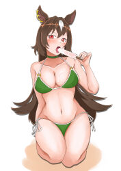 Rule 34 | 1girl, absurdres, alternate costume, animal ears, bare shoulders, bikini, blush, breasts, brown hair, choker, cleavage, collarbone, commentary request, ear ornament, food, green bikini, green choker, hair between eyes, highres, holding, holding food, holding popsicle, horse ears, horse girl, horse tail, large breasts, long hair, multicolored hair, open mouth, popsicle, red eyes, side-tie bikini bottom, simple background, sirius symboli (umamusume), sitting, solo, streaked hair, swimsuit, tail, tongue, tongue out, umamusume, very long hair, white background, white hair, yo0226