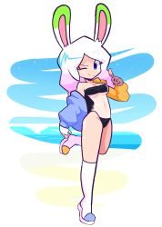 Rule 34 | 1girl, animal ears, bandaged hand, bare shoulders, beach, blue eyes, borrowed character, breasts, cleavage, fingerless gloves, frobama, full body, gloves, gris swimsuit, highres, jacket, jacket over swimsuit, knee-high boots, looking at viewer, meme attire, one-piece swimsuit, one eye closed, original, outdoors, rabbit, rabbit ears, rabbit girl, see-through, see-through one-piece swimsuit, see-through swimsuit, smile, strapless, strapless one-piece swimsuit, swimsuit, thighs, underboob, white hair, wink, yukkuri usokojimi