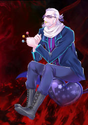 Rule 34 | 1boy, bel (dokidoki! precure), between fingers, boots, candy, ckhunge3, dokidoki! precure, food, full body, glasses, head wings, holding, jacket, lollipop, male focus, mouth hold, old, old man, pants, precure, red background, scarf, sitting, smile, solo, white hair, wings, yellow eyes