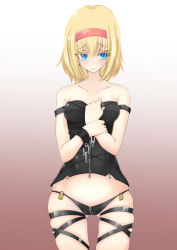 Rule 34 | 1girl, alice margatroid, arm strap, bad id, bad pixiv id, bare shoulders, black panties, blonde hair, blue eyes, blush, bondage outfit, chain, collarbone, colored eyelashes, cuffs, female focus, highres, inu3, lock, navel, padlock, panties, shackles, short hair, skindentation, solo, tears, thigh strap, touhou, underwear, zipper