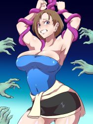Rule 34 | 1girl, 4boys, arms up, bare shoulders, black gloves, black skirt, blue eyes, breasts, brown hair, casual, cleavage, clenched teeth, clothes around waist, elbow pads, fingerless gloves, forehead, gloves, highres, holster, jill valentine, large breasts, lexorez, miniskirt, multiple boys, resident evil, resident evil 3: nemesis, restrained, short hair, shoulder holster, single elbow pad, skirt, standing, strapless, sweater, sweater around waist, teeth, tentacles, thick thighs, thighs, you gonna get raped