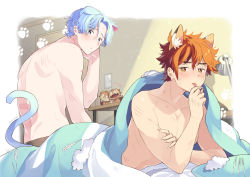 Rule 34 | 2boys, :d, abs, animal ears, back, bare back, bare shoulders, blanket, cat ears, doll, dragon, footprints, hasegawa langa, highres, kyan reki, lamp, multiple boys, muscular, muscular male, open mouth, orange hair, pants, pillow, scar, short hair, sk8 the infinity, smile, tail, tongue, tongue out, uppi, yaoi