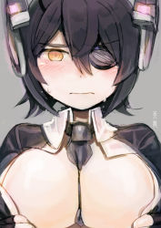 Rule 34 | 10s, 1girl, bad id, bad pixiv id, black hair, blush, breasts, eyepatch, gloves, ika, kantai collection, large breasts, necktie, personification, short hair, solo, tears, tenryuu (kancolle), yellow eyes