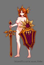 Rule 34 | 1girl, armor, bad id, bad pixiv id, barefoot, breasts, english text, full body, grey background, holding, holding shield, holding sword, holding weapon, league of legends, leona (league of legends), medium breasts, navel, nipples, nude, orange eyes, orange hair, outline, pixel art, pussy, ruina11011, shield, simple background, solo, standing, sword, weapon, white outline