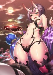 Rule 34 | 1girl, :d, alcohol, armor, armored boots, black footwear, blush, boots, bottle, breasts, cleft of venus, covered erect nipples, cup, detached sleeves, duplicate, eyebrows, eyeshadow, fate/grand order, fate (series), foreshortening, from below, full moon, fuya (tempupupu), gluteal fold, gourd, headpiece, horns, long sleeves, makeup, moon, navel, oni, open mouth, pussy, pussy peek, revealing clothes, sakazuki, sake, shiny skin, shuten douji (fate), sideboob, small breasts, smile, smoke, solo, spilling, standing, stomach, teeth, thick eyebrows, thigh boots, thighhighs, wide sleeves