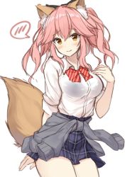 Rule 34 | 1girl, animal ear fluff, animal ears, arm behind back, blouse, blue skirt, blush, bow, bowtie, bra, brown eyes, closed mouth, clothes around waist, collared shirt, cowboy shot, fate/grand order, fate (series), fox ears, fox tail, hand up, jacket, jacket around waist, long sleeves, looking at viewer, official alternate costume, pink hair, pleated skirt, red bow, red bowtie, see-through, see-through shirt, shirt, simple background, skirt, smile, solo, spoken blush, standing, tail, tamamo (fate), tamamo no mae (jk) (fate), twintails, underwear, white background, white shirt, wing collar, xe (execut3r)