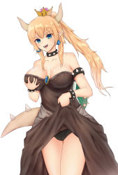 Rule 34 | 1girl, armlet, bare legs, bare shoulders, black dress, black nails, black panties, blonde hair, blue eyes, blue gemstone, blush, bowsette, bracelet, grabbing another&#039;s breast, breast hold, breasts, cleavage, clothes lift, collar, collarbone, covered navel, crown, dress, dress lift, earrings, eyes visible through hair, female focus, gem, grabbing, grey horns, grin, hair between eyes, hand on own hip, hand up, highres, horns, jewelry, kengzeta, large breasts, legs, long dress, long hair, looking at another, looking at viewer, mario (series), monster girl, nail polish, neck, new super mario bros. u deluxe, nintendo, open mouth, panties, pointy ears, ponytail, sharp teeth, sidelocks, smile, spiked armlet, spiked bracelet, spiked collar, spikes, standing, strapless, strapless dress, super crown, super mario bros. 1, teeth, turtle shell, underwear, white background