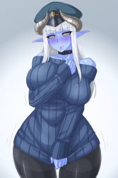 Rule 34 | 1girl, bare shoulders, between legs, black pantyhose, black sclera, blue skin, blunt bangs, blush, breasts, choker, clothes tug, colonel pale, colored sclera, colored skin, cowboy shot, curvy, demon girl, demon horns, embarrassed, female focus, hand between legs, hat, highres, horns, large breasts, long hair, military, mimizu (tokagex), nose blush, original, pantyhose, pointy ears, ribbed sweater, shiny skin, silver hair, sleeves past wrists, solo, standing, sweat, sweatdrop, sweater, sweater tug, thighband pantyhose, trembling, wide hips, yellow eyes