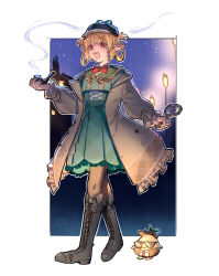 Rule 34 | 1girl, absurdres, black footwear, blonde hair, bow, bowtie, brown coat, coat, cross-laced footwear, deerstalker, dress, frilled coat, frills, full body, green dress, hair rings, hat, highres, holding, holding magnifying glass, holding smoking pipe, magnifying glass, maplesights, nijisanji, nijisanji en, open clothes, open coat, pointy ears, pomu rainpuff, pomu rainpuff (4th costume), pomudachi (pomu rainpuff), red bow, red bowtie, smile, smoking pipe, solo, virtual youtuber