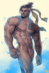 Rule 34 | 1boy, abs, absolum art, arm tattoo, bara, beard, black hair, completely nude, facial hair, feet out of frame, flaccid, foreskin, hanzo (overwatch), highres, large pectorals, male focus, mature male, muscular, muscular male, navel, navel hair, nipples, nude, overwatch, overwatch 1, pectorals, penis, short hair, sideburns, solo, standing, stomach, stubble, tattoo, uncensored