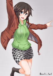 Rule 34 | 1girl, alternate costume, anti (untea9), arm up, black hair, brown jacket, checkered clothes, checkered skirt, commentary request, feet out of frame, green sweater, grey background, grey eyes, hayasui (kancolle), highres, hood, hooded sweater, hoodie, jacket, kantai collection, looking at viewer, short hair, simple background, skirt, solo, standing, standing on one leg, sweater, twitter username