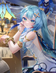 2girls absurdres aqua_hair aqua_nails aqua_pupils blue_eyes blue_gemstone blue_hair blue_nails blush book bracelet breasts chair clothing_cutout commentary_request cryo_symbol_(genshin_impact) dress drill_hair faruzan_(genshin_impact) fingernails from_side gem genshin_impact green_eyes hair_ornament head_rest highres holding holding_quill indoors jewelry lamp layla_(genshin_impact) leaning_forward long_hair looking_at_viewer medium_breasts multicolored_nails multiple_girls nail_polish neco_taya open_book paper parted_lips quill short_sleeves shoulder_cutout sitting solo_focus symbol-shaped_pupils triangle-shaped_pupils twintails very_long_hair vision_(genshin_impact) white_dress x_hair_ornament