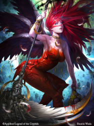 Rule 34 | 1girl, angel wings, artist name, black wings, blood, blood on clothes, blue eyes, bracelet, breasts, collar, excessive blood, fantasy, feathered wings, feathers, grabbing another&#039;s hair, halo, highres, holding head, jewelry, large breasts, leaning forward, legend of the cryptids, lips, long hair, multiple wings, official art, original, parted lips, pink hair, ring, severed head, shuichi wada, solo, wings