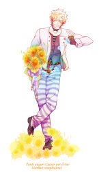 Rule 34 | 1boy, battle tendency, blonde hair, bouquet, bow, bowtie, brown hair, bubble, caesar anthonio zeppeli, facial mark, feather hair ornament, feathers, fingerless gloves, flower, gloves, grin, hair ornament, highres, hydrokinesis, italian text, jacket, jojo no kimyou na bouken, kamabo ko, male focus, pants, ribbon, smile, solo, striped clothes, striped pants, sunflower, water, white jacket