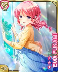 Rule 34 | 1girl, blue dress, braid, card (medium), character name, classroom, day, dress, fukami ema, girlfriend (kari), indoors, jacket, long hair, official art, open mouth, pink hair, purple eyes, qp:flapper, smile, standing, striped clothes, striped dress, summer, sweater, tagme, wind, window, yellow sweater