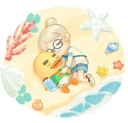 Rule 34 | 1boy, 1girl, :3, animal crossing, beach, blue-framed eyewear, blue shorts, blush, bottle, closed eyes, closed mouth, commentary request, conch, coral, denim, denim shorts, glasses, green shirt, grey hair, hair bun, holding, holding bottle, joey (animal crossing), long sleeves, lowres, lying, moai (aoh), nintendo, on back, on side, open mouth, parted bangs, print shirt, round eyewear, sand, scallop, seashell, shell, shirt, shoes, shore, short sleeves, shorts, single hair bun, sleeping, smile, starfish, t-shirt, thick eyebrows, transparent background, u u, villager (animal crossing), water, water bottle, white footwear, white shirt