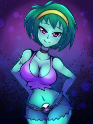 Rule 34 | 1girl, artist request, belt, blush, breasts, colored skin, gradient background, green hair, green skin, hands on own hips, large breasts, looking at viewer, navel, pink eyes, rottytops, shantae (series), short hair, shorts, skull ornament, smile, stitched arm, stitches, torn clothes, zombie