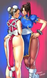 Rule 34 | 2girls, alternate costume, ass, ass grab, bare legs, bracelet, breasts, capcom, chun-li, commission, cosplay, costume switch, dated, embarrassed, fatal fury, grabbing another&#039;s ass, highres, huge ass, huge breasts, jewelry, looking at another, multiple girls, no panties, pantyhose, revealing clothes, shiranui mai, smile, snk, spiked bracelet, spikes, street fighter, the king of fighters, thighs, yokimura