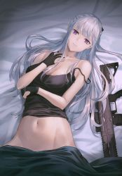 Rule 34 | 1girl, absurdres, ak-12, ak-12 (girls&#039; frontline), assault rifle, bare shoulders, bed sheet, black gloves, black shirt, blue pupils, breasts, cleavage, commentary, crossed arms, fingerless gloves, girls&#039; frontline, gloves, grey hair, gun, hair ribbon, hand on own neck, highres, kalashnikov rifle, long hair, looking at viewer, lying, navel, on back, parted lips, partially fingerless gloves, purple eyes, ribbon, rifle, shichi (ratorin53), shirt, smile, solo, weapon