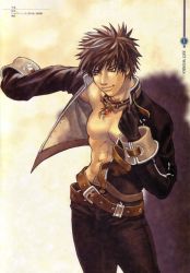 Rule 34 | 1boy, abs, belt, belt skirt, black gloves, black hair, clenched hand, cowboy shot, dressing, gloves, jewelry, katou miyako, light smile, long sleeves, looking to the side, male focus, manly, multiple belts, necklace, official art, open clothes, outstretched arm, pants, pectorals, pendant, red eyes, scan, shadow hearts, shadow hearts ii, short hair, sleeve cuffs, sleeves past wrists, smile, solo, spiked hair, toned, yuri hyuga