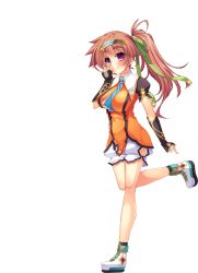 Rule 34 | 1girl, absurdres, batai, batai (koihime musou), blush, bow, bowtie, brown hair, elbow gloves, eyebrows, full body, gloves, headband, highres, koihime musou, long hair, looking at viewer, necktie, ponytail, purple eyes, shoes, smile, solo, standing, thick eyebrows, transparent background, yatsuha kanan