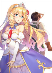 Rule 34 | 1boy, 1girl, bare shoulders, blonde hair, blue eyes, blush, breasts, brown hair, commentary request, detached collar, dress, drill hair, flower, gloves, hair flower, hair ornament, holding, jewelry, long hair, medium breasts, open mouth, scoop musou, see-through, shiny skin, short hair, shovel, simple background, strapless, strapless dress, thigh strap, thighhighs, tiara, very long hair, white background, white dress, yuuki hagure, zettai ryouiki