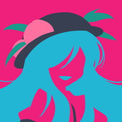 Rule 34 | 1girl, blending, blue hair, flat color, food, fruit, hat, highres, hinanawi tenshi, limited palette, maskin mei, no eyes, no lineart, peach, portrait, purple background, silhouette, simple background, smile, solo, touhou, vector art