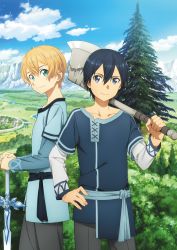 Rule 34 | 2boys, axe, black hair, blonde hair, blue eyes, blue rose sword, blue shirt, blue sky, cedar tree, cleaned, closed mouth, cloud, collarbone, cowboy shot, day, eugeo, green eyes, grey pants, hair between eyes, hand on own hip, hands on hilt, highres, holding, holding axe, kirito, layered sleeves, long sleeves, looking at viewer, male focus, multiple boys, official art, outdoors, over shoulder, pants, shirt, short hair, short over long sleeves, short sleeves, sky, smile, sword art online, sword art online: alicization, weapon, weapon over shoulder