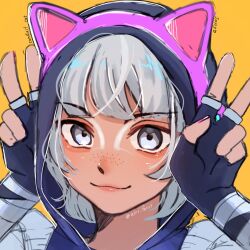 Rule 34 | 1girl, animal ears, animification, anono, apex legends, black hoodie, cat ears, character name, conduit (apex legends), double v, fake animal ears, freckles, grey eyes, grey hair, highres, hood, hood up, hoodie, looking at viewer, official alternate costume, orange background, player one conduit, portrait, short hair, smile, solo, twitter username, v