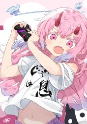 Rule 34 | 1girl, broken horn, colored tips, controller, fangs, game controller, highres, hitodama, holding, holding controller, holding game controller, horns, indie virtual youtuber, kanehira ame, long hair, looking at viewer, multicolored hair, navel, pink eyes, pink hair, purple hair, shirt, skin fangs, solo, stomach, totomono, upper body, virtual youtuber, white shirt