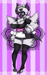 Rule 34 | 1girl, :3, absol, animal hands, apron, areola slip, bespectacled, black-framed eyewear, black dress, black thighhighs, blush, breasts, cameltoe, claws, covered erect nipples, creatures (company), dress, fangs, feet, female focus, full body, furry, furry female, game freak, gen 3 pokemon, glasses, hand on own hip, heart, highres, horns, large breasts, looking to the side, maid, maid apron, maid headdress, mega absol, mega pokemon, nintendo, panties, pantyshot, personification, pink background, pokemon, pokemon (creature), pokemon rse, purple eyes, sash, short dress, short hair, short sleeves, simple background, smile, solo, standing, tail, teeth, thighhighs, underwear, white hair, white panties, wings, wrist cuffs, zzvinniezz