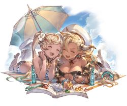 Rule 34 | 2girls, almeida (granblue fantasy), alpha transparency, barefoot, beach umbrella, bikini, black bikini, blonde hair, blush, book, bottle, bracelet, breasts, choker, cleavage, cloud, collarbone, cooler, crystal, dark-skinned female, dark skin, day, dolphin earrings, draph, earrings, flower, full body, gradient hair, granblue fantasy, hair between eyes, hair flower, hair ornament, hat, horns, io (granblue fantasy), io (summer) (granblue fantasy), jewelry, large breasts, long hair, lying, minaba hideo, multicolored hair, multiple girls, necklace, official art, on stomach, open mouth, outdoors, pointy ears, red ribbon, ribbon, ribbon choker, seashell, shell, sky, smile, swimsuit, transparent background, twintails, umbrella, very long hair, white hat