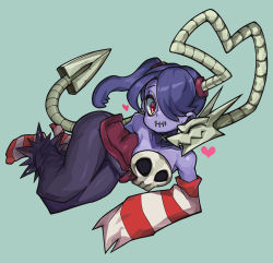 Rule 34 | 1girl, blue background, blue hair, blue skin, colored skin, detached collar, hair over one eye, heart, highres, leviathan (skullgirls), nuzzle, red eyes, side ponytail, skullgirls, smile, solo, squigly (skullgirls), striped legwear, waa153, zombie