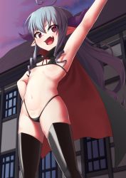 Rule 34 | ahoge, bikini, black bikini, black cape, black thighhighs, boots, breasts, cape, cloud, commentary request, curled horns, death abyss, demon girl, demon horns, fang, giant, giantess, highres, horns, ishuzoku reviewers, knee boots, micro bikini, outdoors, outstretched arm, pointy ears, putcher, red cape, skin fang, small breasts, solo, stomach, swimsuit, thighhighs
