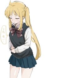 Rule 34 | 1girl, ahoge, black bow, black bowtie, black skirt, black vest, blonde hair, blush, bocchi the rock!, bow, bowtie, closed eyes, closed mouth, commentary request, cowboy shot, detached ahoge, hand on own stomach, highres, ijichi nijika, long hair, long sleeves, pleated skirt, polka dot bowtie, school uniform, shimokitazawa high school uniform, side ponytail, simple background, skirt, solo, speech bubble, sweat, translation request, ukitaryu, vest, white background