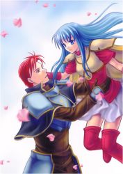 Rule 34 | aqua eyes, aqua hair, armor, blue eyes, blue hair, boots, cape, carrying, couple, eirika (fire emblem), eye contact, fire emblem, fire emblem: the sacred stones, gloves, knight, long hair, looking at another, nintendo, open mouth, petals, princess, red eyes, red hair, seth (fire emblem), short hair, skirt, smile, thigh boots, thighhighs